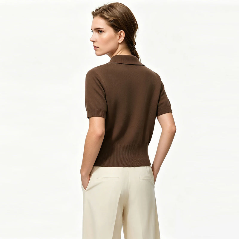 Amii Women's Knit Top 2026 Summer New Polo Neck Short Sleeve Sweater Metal Button Office Casual Versatile Pullover 12642077