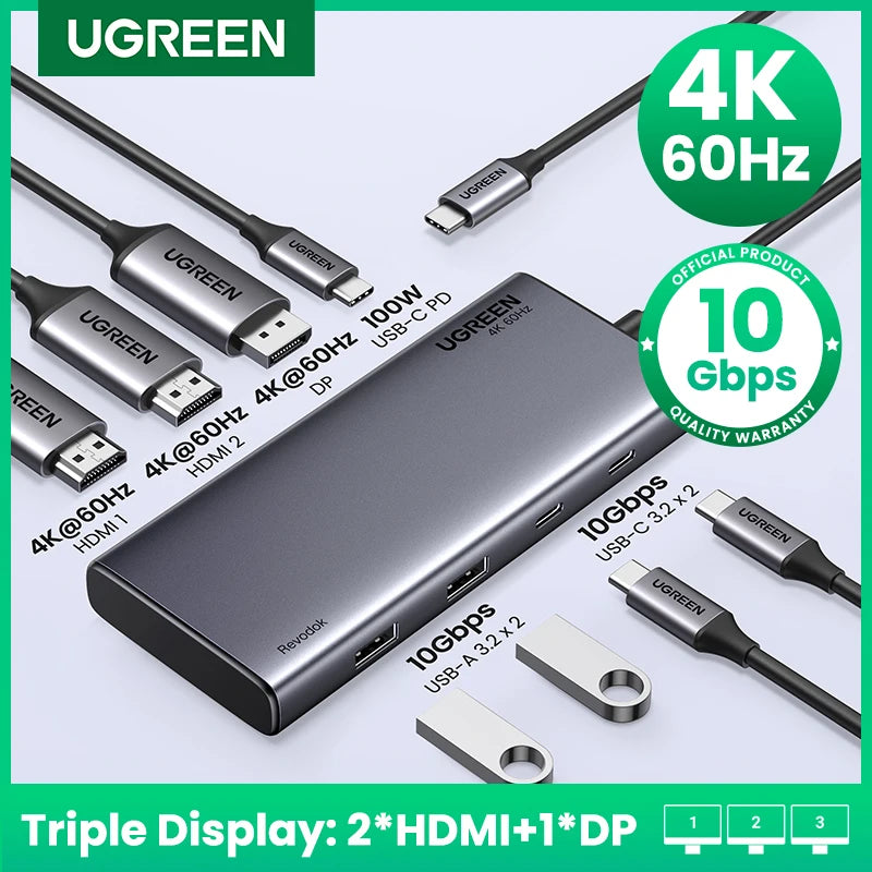 UGREEN USB C HUB 10Gbps Triple Display 4K HDMI Adapter 8-in-1 Splitter with HDMI DP USB3.2 PD 100W Dock for MacBook Pro Air PC