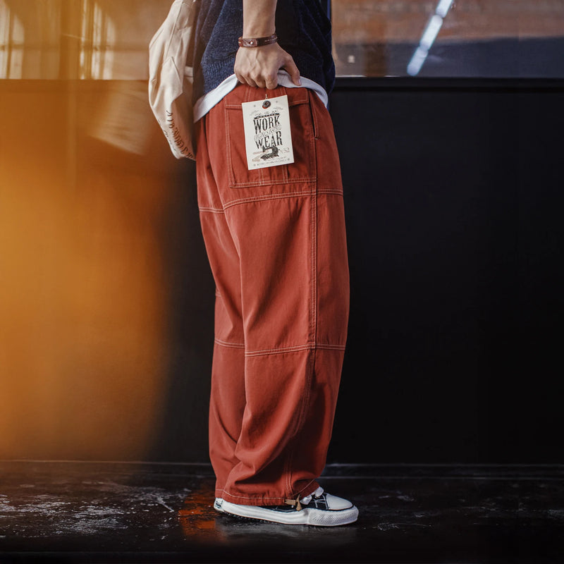 Maden Men's Retro Utility Cargo Pants Red Straight Joggers with Drawstring Waist Elastic Cuffs Multi-Pocket Trousers for Spring