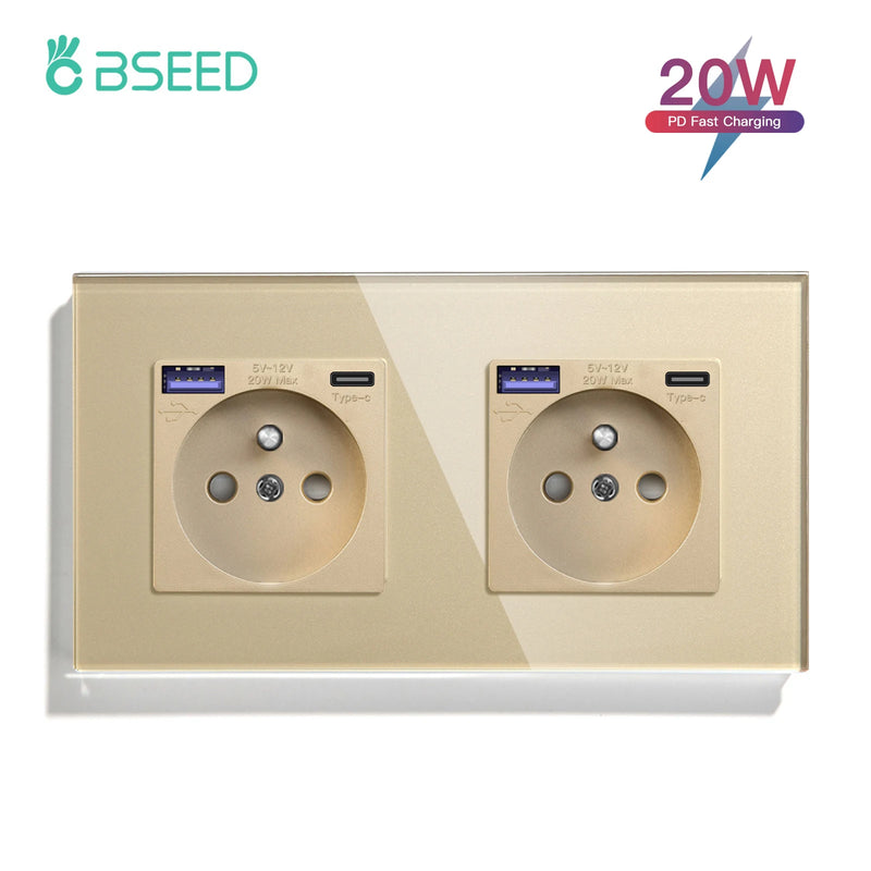 BSEED French Standard 20W Fast Charge Port Wall Power Socket Double France USB Type-C Electrical Outlets Crystal Glass Frame 16A