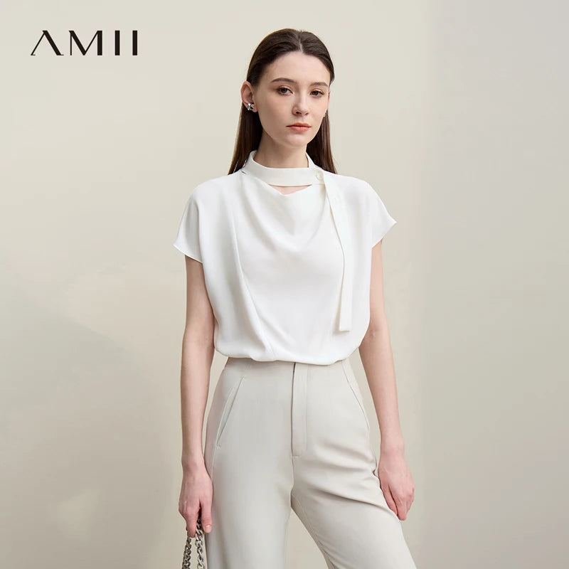 អាវ Amii សម្រាប់ស្ត្រីឆ្នាំ ២០២៦ រដូវក្តៅថ្មីដៃខ្លី Chiffon កំពូលឆើតឆាយកអាវរលុងសមឥតខ្ចោះកអាវស្ត្រី 12622026