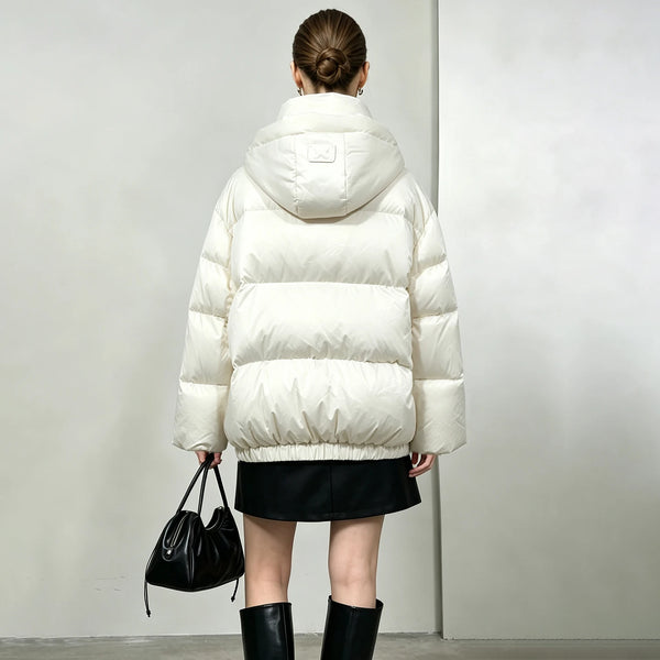 Amii Women's Winter Down Jacket Stand Collar Embossed Hooded Elastic Hem 2026 New White Duck Down Jacket Loose Warm Top 12644027