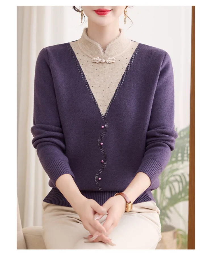 Korean Popular Clothes New Women Sweaters Autumn Winter Knitwear Top Basic Wear Fake Two Piece Middle Aged Mother Pullovers