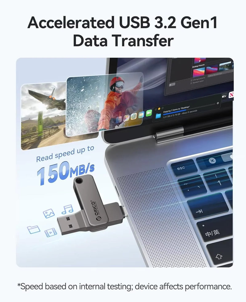 ORICO Dual USB Flash Drive USB-C & USB-A Mini Thumb Drive Read Speed Up to 150MB/s 32 64 128 256GB for iPhone 15/16/17 Series