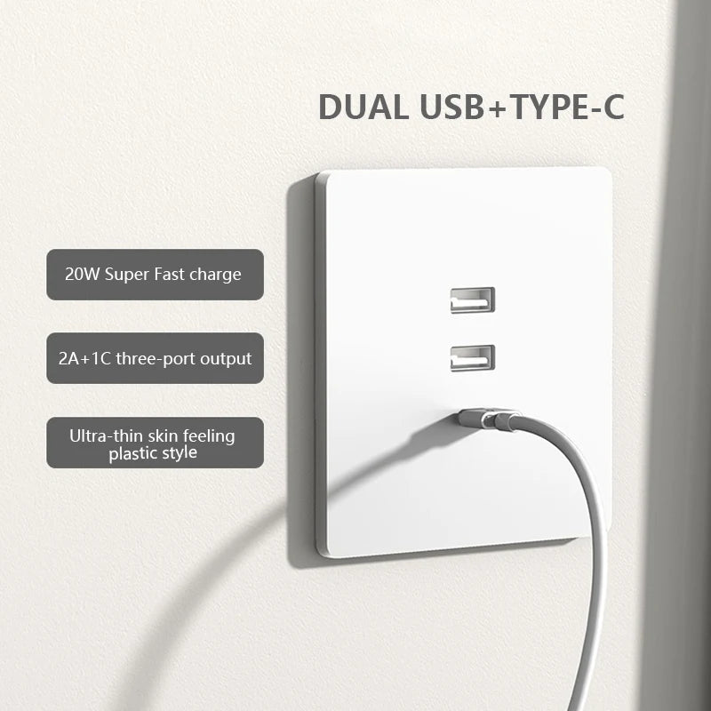Universal 20W Super Fast Smart Charge Type C USB Port Glass Plastic Power Wall Socket Plug,Quick Charge Adapter Dual USB Socket