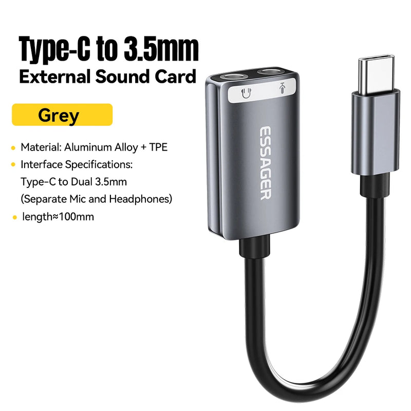 កាតសំឡេង Essager USB អាដាប់ទ័រ USB ខាងក្រៅ 3.5mm កាសស្តាប់ត្រចៀក មីក្រូហ្វូន ឧបករណ៍បំពងសម្លេង ចំណុចប្រទាក់អូឌីយ៉ូសម្រាប់កាតសំឡេងកុំព្យូទ័រកុំព្យូទ័រយួរដៃ PS4