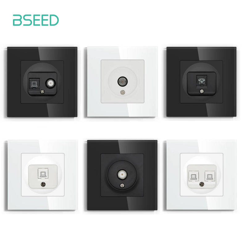 BSEED EU Standrad Wall Power Socket TV Plug RJ45 Internet Socket Satellite Outlet Glass Panel TV Telephone Computer