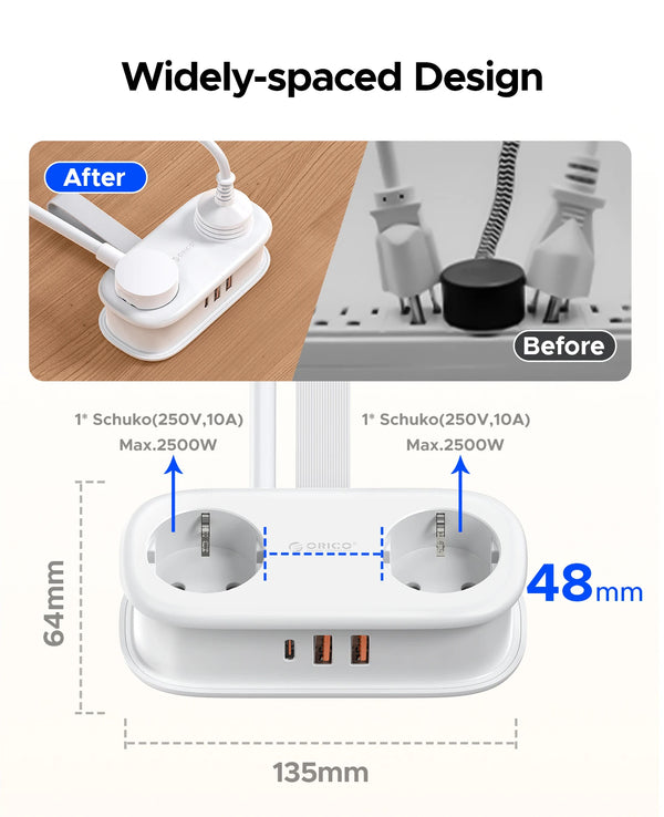 ORICO 20W EU Plug Electrical Power Strip with 2AC Outlets 2USB 1 Type-C Port 1.53M Extension Cable Smart Socket for Home/Travel
