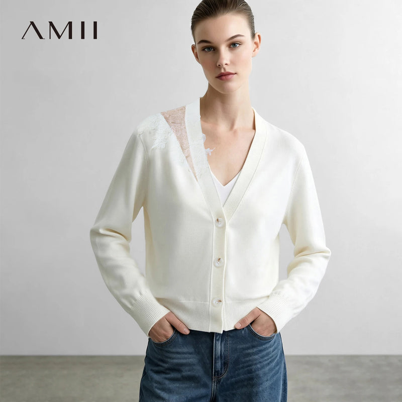 Amii V-Neck Knit Cardigan Lace Patchwork Loose Fit Lightweight Minimalist Slimming Commuter Top Autumn Women's Hooded 12613037