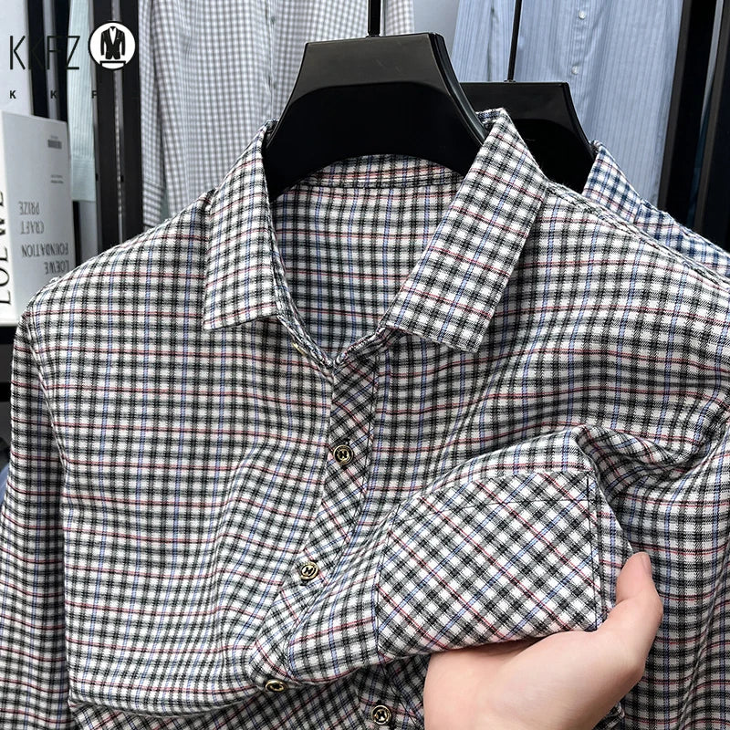 Men's Lapel Collar Plaid Shirt Long Sleeve Lightweight Fabric Breathable Casual Business Daily Wear Comfortable