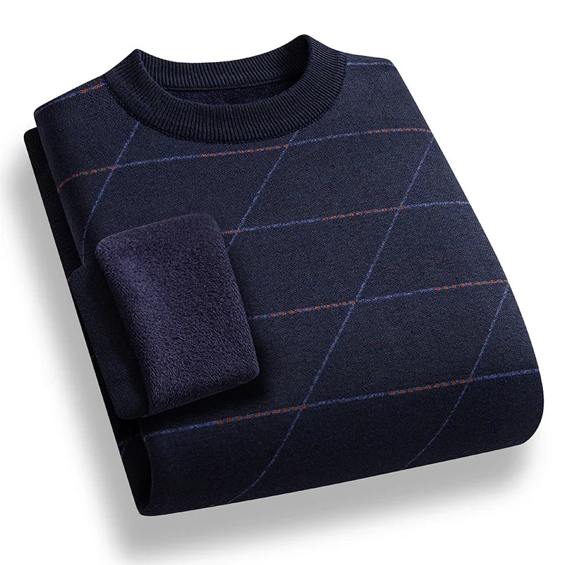 Cold Weather Men Knit Pullover Thick Plush Interior Diagonal Grid Print Design Everyday Casual Long Sleeve Warm Jumper