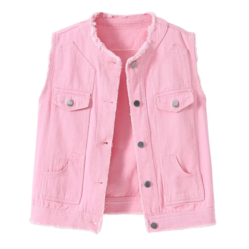 2026 Women's Pink Sleeveless Vest Jacket, Single Breasted Reason Denim Jacket, Asian Size, White Green Orange Yellow Available