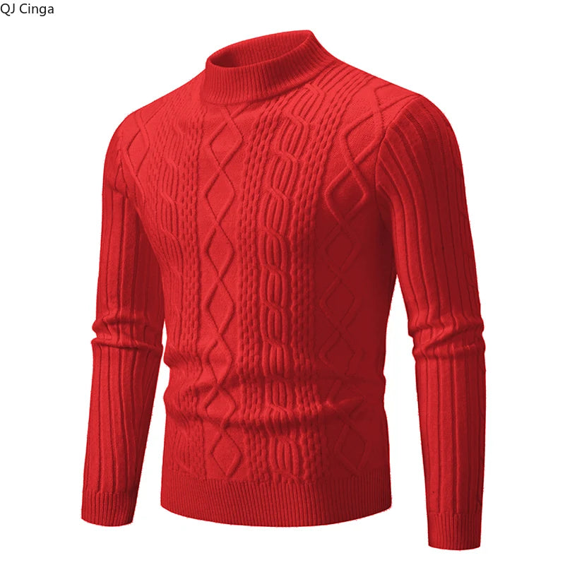 Men Red Neutral Computer Knit Sweaters, Winter Blue Half-high Neck Pullover Sweater, Beige, Black, and Khaki Colors Available.