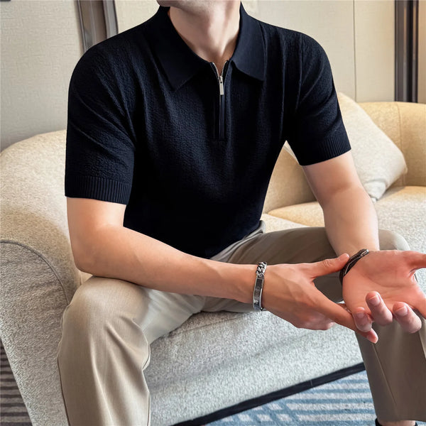 Men Summer Short Sleeve Half Zip Polo Shirt Old Money Style Knitted Jacquard Solid Color Smart Casual Top
