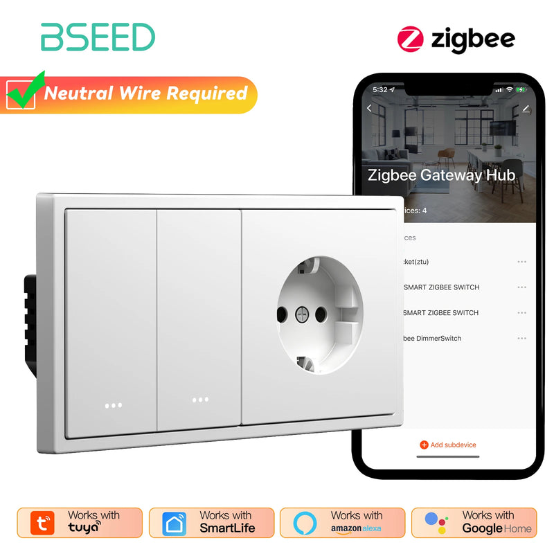 BSEED Zigbee Click Switch 1/2/3/4Gang Smart Button Light Switch With EU Power Socket Plastic Frame Tuya Smart Life Alexa Control