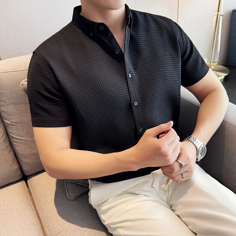 Thin Waffle Shirt, Non-Ironing Business Slim Shirt, Men's Short Sleeve Shirt Brown，Exquisite Business Short-Sleeved Shirt
