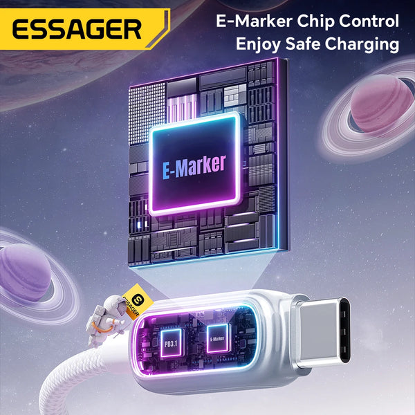 ខ្សែសាក Essager 240W E-Marker Type C ទៅ Type C 5A PD3.1 សាកថ្មលឿនសម្រាប់ MacBook Laptop iPhone 17 16 Pro Max iPad Samsung S26 S25