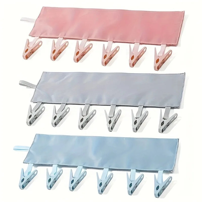 2pcs Portable Travel Fabric Clothes Hanger with 6 Clips- Foldable, Space-Saving Drying Rack for Socks,Small Garments.