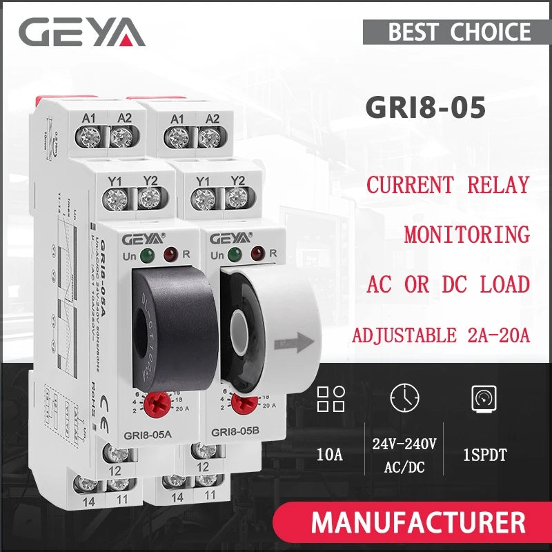 រេឡេត្រួតពិនិត្យចរន្ត AC ឬ DC GEYA GRI8-05 ត្រង់ 2A-20A AC24V-240V ការពារចរន្តលើស និងចរន្តក្រោម