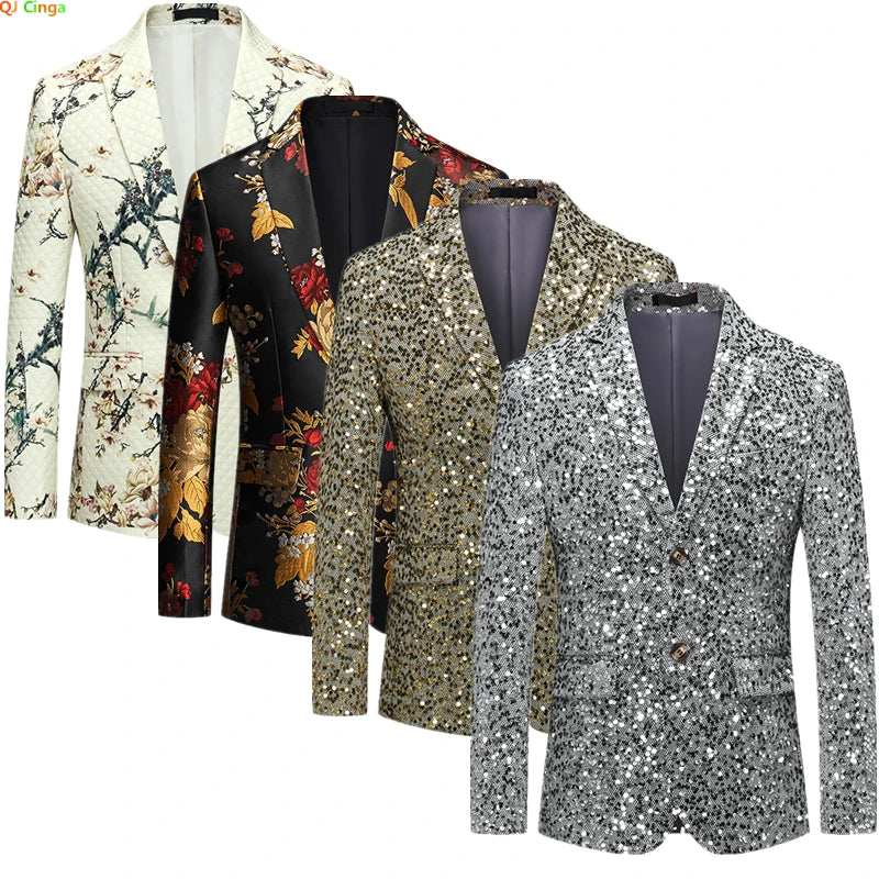 2026 New Men's Silver Sequin Suit Jacket, Fashion Slim Dress Coat, Wedding Party Print Jaqueta Gold Green Blue Terno Masculino.
