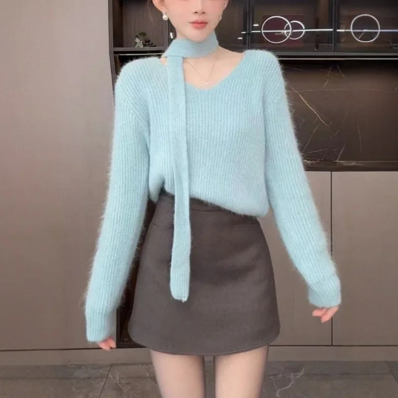 Gentle Soft V-neck Streamer Sweater Women's Autumn Winter Loose Lazy Feel Bottom Knitted Top Spring Pullover Jumper Female
