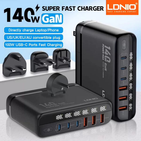 ឧបករណ៍សាកថ្ម LDNIO 140W GaN សម្រាប់ធ្វើដំណើរអន្តរជាតិ USB C ឆ្នាំងសាក រន្ធ 100W អេក្រង់ LED AU US UK EU ស្ថានីយ៍សាកថ្មជញ្ជាំង