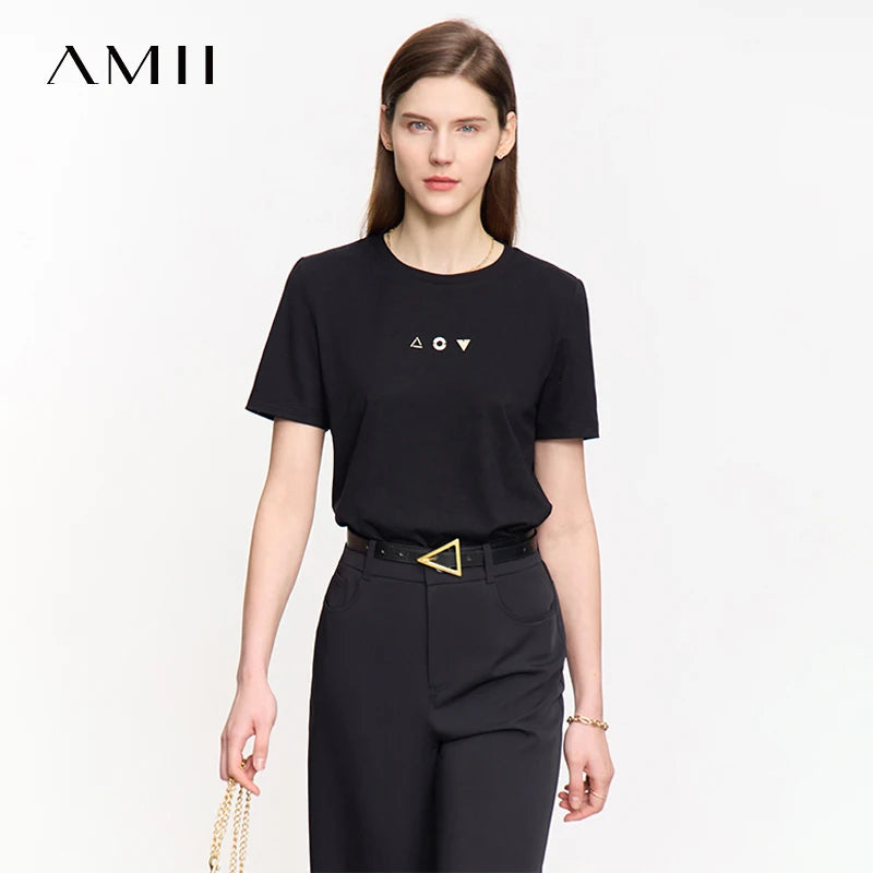 អាវយឺត Amii Minimalist សម្រាប់នារី កអាវខ្លី ដៃខ្លី ការតុបតែងធរណីមាត្រ កប្បាសប្រឆាំងបាក់តេរី អាវយឺតយឺត 12521088