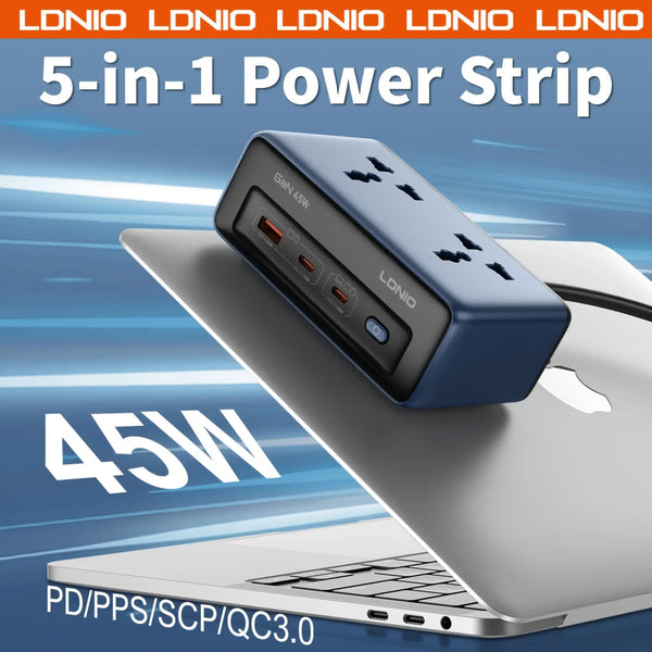 ស្ថានីយសាកថ្មលឿន LDNIO USB C រន្ធច្រើនសម្រាប់កុំព្យូទ័រលើតុ ជាមួយរន្ធដោត AC ចំនួន 2 សម្រាប់បន្ថែមការរអិល ចក្រភពអង់គ្លេស សហភាពអឺរ៉ុប សហរដ្ឋអាមេរិក