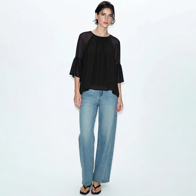 Amii Women's Blouse 2026 Summer New Loose Elegant Office Chiffon Tops Round Neck Raglan Sleeve Casual Shirt for Women 12622213