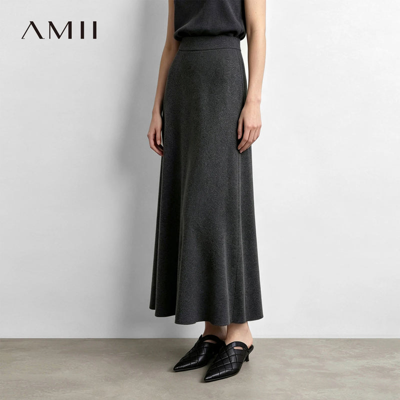 Amii Women's A-Line Flared Knit Midi Skirt Loose Fit Slimming Minimalist Casual Business Autumn Woman Clothes 12623045