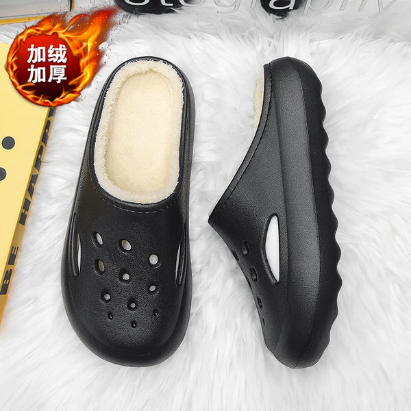 Winter Indoor Home Cotton Shoes for Men Women Warm Plush Fur Clogs Soft Half Slip-On Backless Rubber Sandals for Garden Footwear