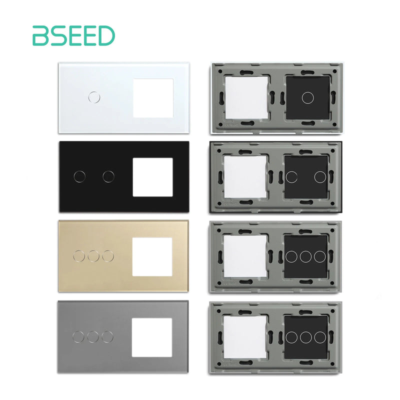 BSEED  EU Standard 1/2/3Gang Glass Panel Frame For Touch Switch Wall Sockets With Metal Frame White Black Golden 157mm