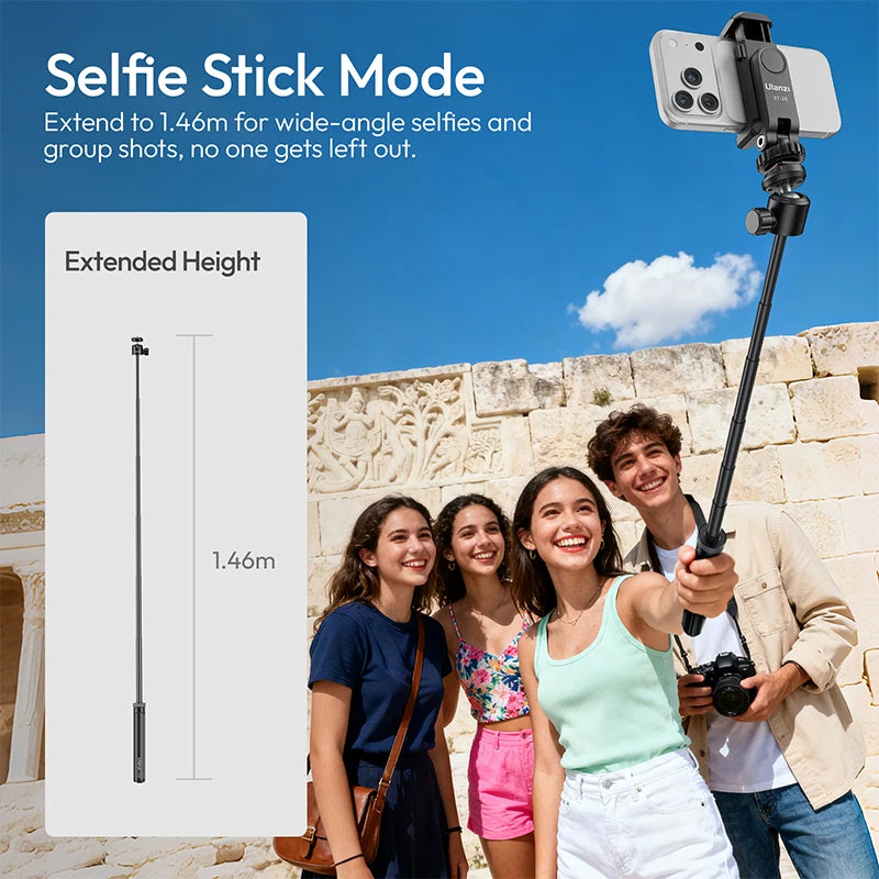 Ulanzi TT24 1.5M Cka ដំបងថតរូប Selfie ដែលអាចដោះចេញបានលឿន ជើងបួនសម្រាប់កាមេរ៉ា GoPro Action ដែលអាចបង្វិលបាន 360°