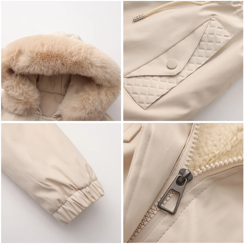 Women's Beige Mid-length Thick Jacket, Blue Knee-length Parka, Fitted Fur-trim Casual Overcoat, Stylish and Warm Trench Coat.