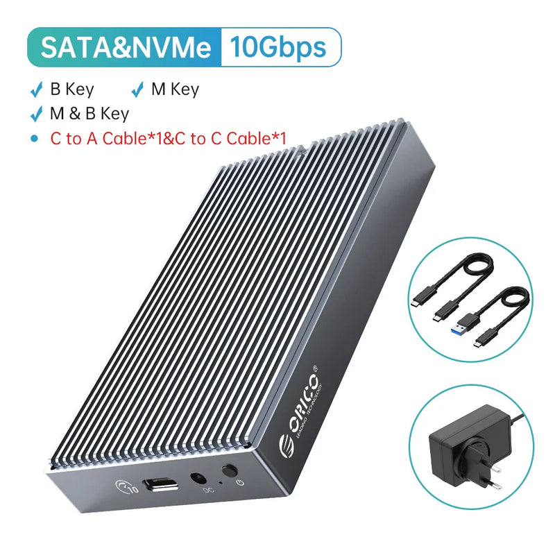ORICO Dual Bay Dual Protocol M2 SSD Case Support M.2 NVME NGFF SATA SSD Disk For M Key & B+M Key SSD W/ 5V4A Power Adapter
