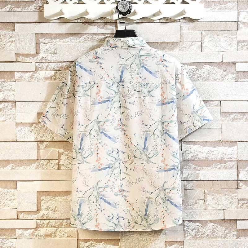 Summer Men's Short-sleeve White Printed Shirt, a Stylish and Casual Cotton Shirts, Available in Blue, Green, and Orange.