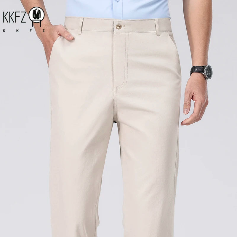 Men Cotton Straight Casual Chinos Soft Breathable Twill Fabric Zip Fly Side Slash Pockets Office Daily Commuting Long Bottoms