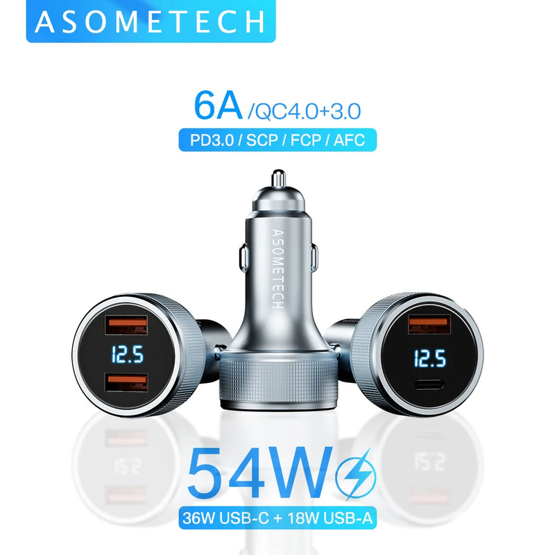 ឆ្នាំងសាករថយន្ត USB 54W Quick Charge 3.0 សាកថ្មលឿន Type C QC PD3.0 អាដាប់ទ័រឆ្នាំងសាកទូរស័ព្ទចល័តសម្រាប់ iPhone Xiaomi Samsung Huawei