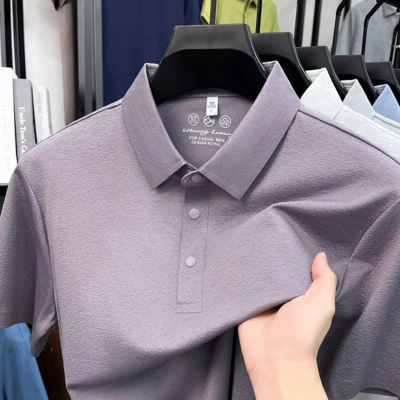 Men's Textured Polo Shirt Short Sleeve – Stretchy Blend, Soft Breathable, Multi-Color, Business Casual Summer Top