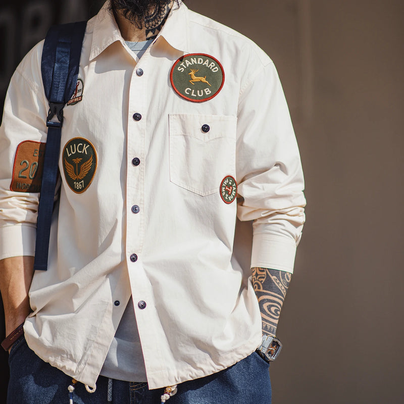 Maden Men's Vintage Patch Embroidery Long Sleeved Shirt White Single-Breasted Pocket Blouse Lightweight Patchwork Jacket Shirt