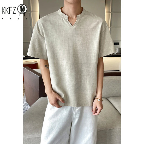 Mens Stand Collar Half Open Short Sleeve Blouse Lightweight Thin Fabric Relaxed Fit Outdoor Vacation Tees