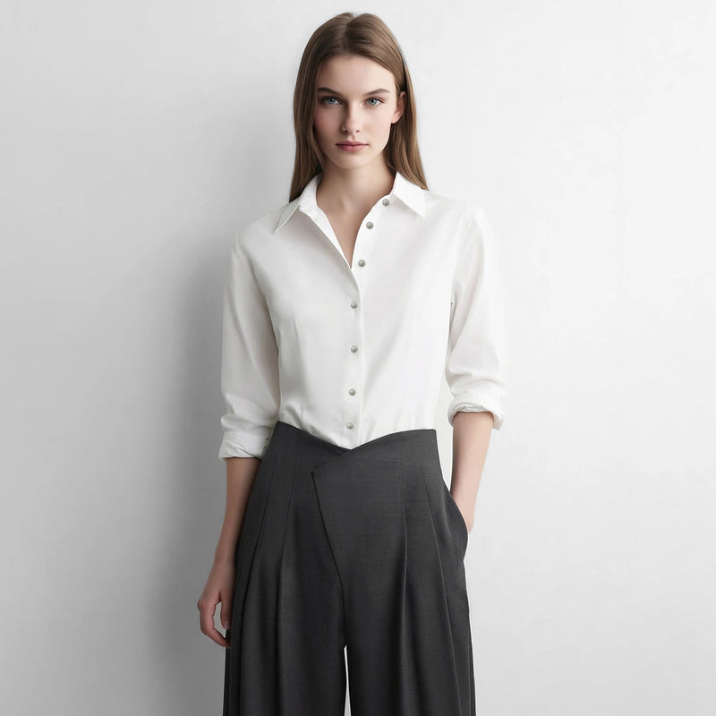 Amii Women's Shirt 2026 Autumn New Lapel Collar Fitted Waist Long Sleeve Blouse Vintage Metal Button Casual Top Women 12623031