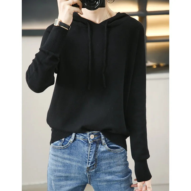 Spring Autumn New Hooded Pullover Sweater Knitwear Women's Long Sleeved Loose Leisure Knitted Hoodie Coat Pull Femme Tops