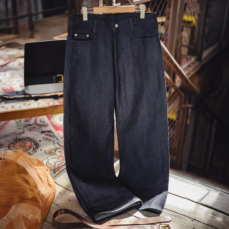 Maden Vintage 15.6oz Selvedge Raw Denim Jeans Heavyweight Blue Loose Fit Wide-Leg Jeans Zip Fly Cotton Trousers for Spring Fall