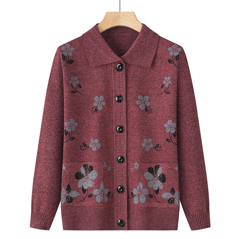 Grandma's Spring Autumn Cardigan Lapel Sweater Winter Womens Clothing Vintage Knitting Middle Aged Mother Knitwears Coat 4XL