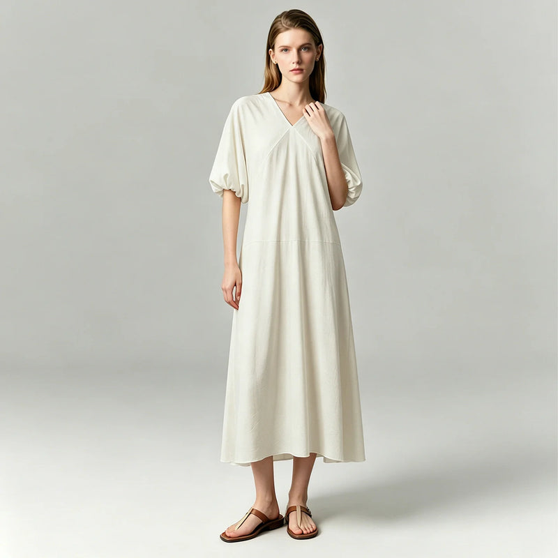 Amii Women’s Dress 2026 Summer New V-Neck Puff Sleeve Loose Fit Maxi Dress Holiday Casual Solid Long Dress For Women 12642166