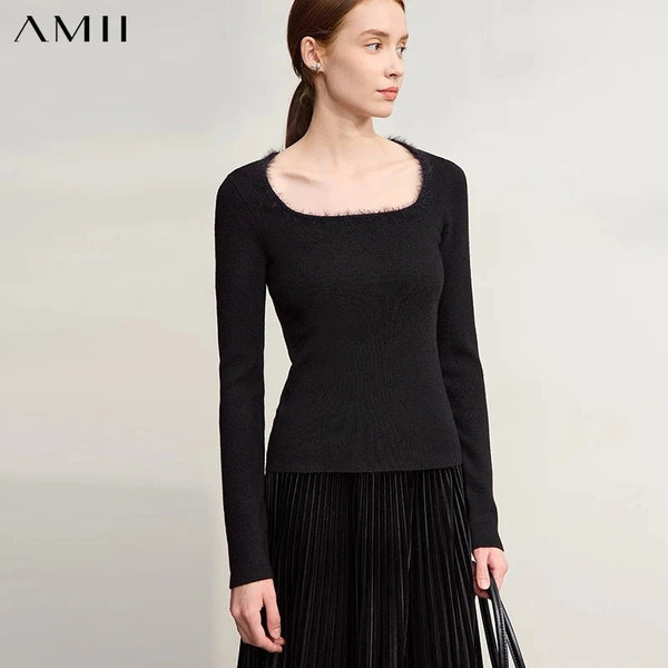 Amii Sweater For Woman 2026 Winter New Modern Retro Square Collar Sweater Slim Solid Versatile Women's Long Sleeve Top 12544142