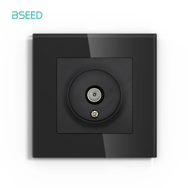 BSEED TV Port RJ45 Internet Plug Wall Power Socket Satellite Outlet Glass Frame Black Color for TV Telphone Computer