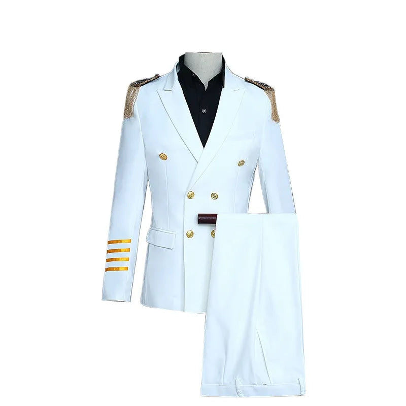 2026 Men's Slim Fit Captain Uniform Two-Piece,Navy Double-Breasted Jacket with Gold Buttons&Epaulettes for Pilot,Stage, Wedding