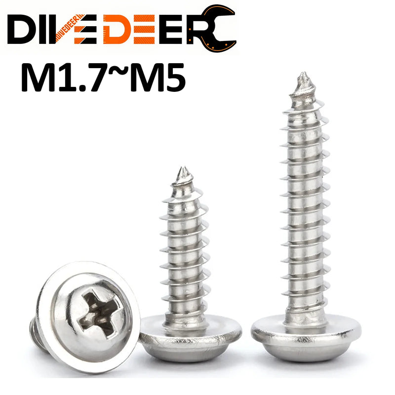 10/20/50pcs M1.7 M2 M2.3 M2.6 M3 M4 M5 Cross Round Head with Washer Self Tapping Screw 304 Stainless Steel Wood Screws